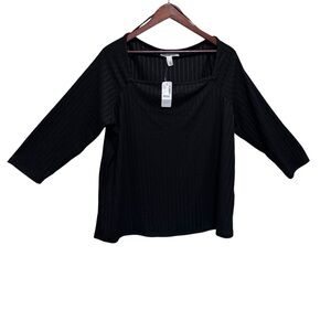 Addition Elle Square Neck Black Ribbed 3/4 Sleeve Size 2x NWT Brand New